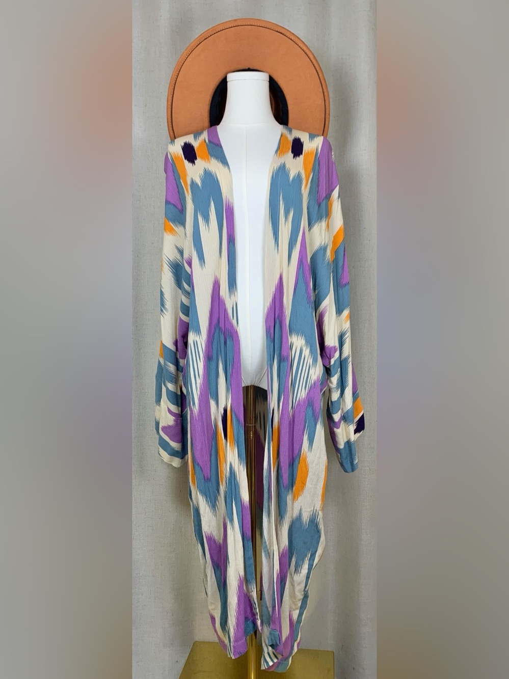 Bel Kazan Anthropologie Kimono Duster Multicolor Ikat Print Boho Open Front OS